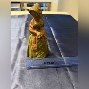 Antique Cast Iron  HEAVY DOOR STOP VICTORIAN LADY IN DRESS AND HAT  Painted Cast
